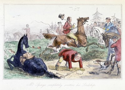 Chasseur tombant de son cheval. Caricature anglaise des aventures de Thomas Scott ou Hawbuck Grange", illustration par H.K. Browne et W.T. Maud - Hablot Knight Browne