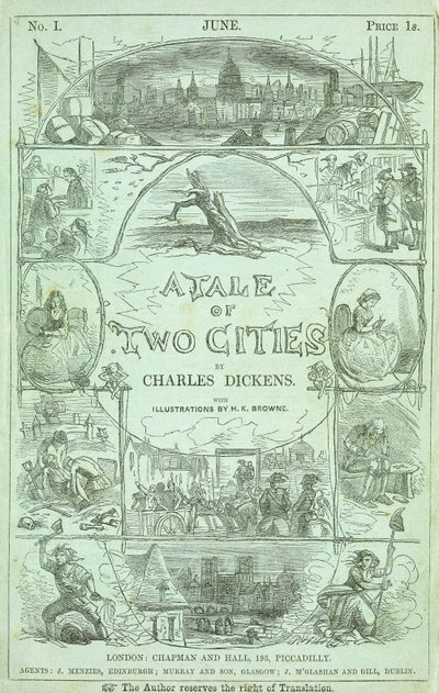 Page de titre de la première partie de la première édition en parties sérialisées du livre "A Tale of Two Cities" de Charles Dickens - Hablot Knight Browne