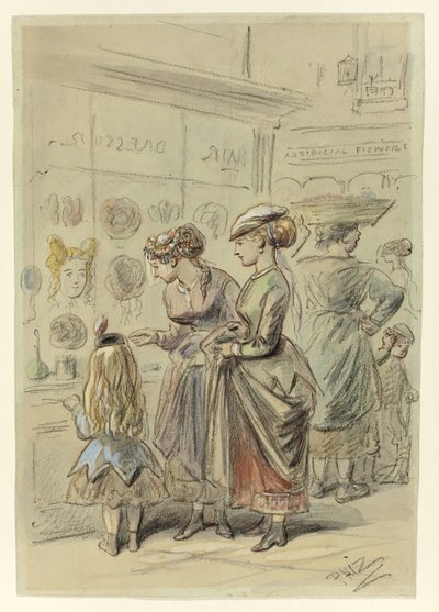 Deux dames et une petite fille devant le salon de coiffure - Hablot Knight Browne