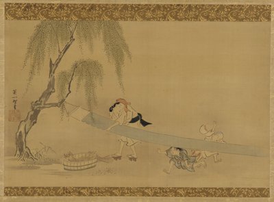 Femme étendant du linge à sécher, deux enfants jouant, période Edo - Hanabusa Itcho