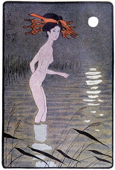 Jeune japonaise se baignant dans un étang au clair de lune - dans « Poupée japonaise » par Félicien Champsaur, ill. Hanafusa Itcho, Paris - Hanabusa Itcho
