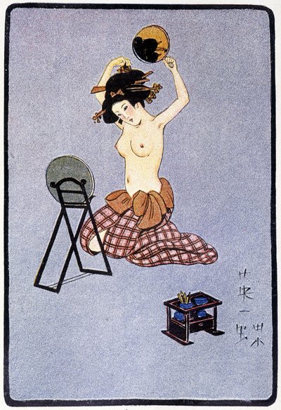 Jeune Japonaise défaite de sa coiffure - dans « Poupée japonaise » par Félicien Champsaur, ill. Hanafusa Itcho, Paris - Hanabusa Itcho