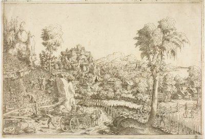 Paysage avec une vigne, au milieu un chariot chargé de poteaux - Hanns Lautensack