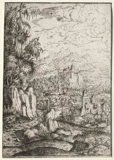 Paysage avec une route vers un château sur une île dans une rivière, 1554 - Hanns Sebald Lautensack