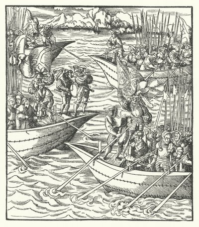 Navires transportant des soldats allemands et français au large de Livourne, Italie - Hans (after) Burgkmair