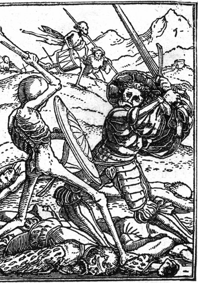 La fausse mort de Hans Holbein le Jeune (1497-1543) : le soldat. Un soldat combat la Mort ; à leurs pieds gisent les corps d