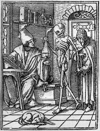 Les simulacres de la mort de Hans Holbein le Jeune (1497-1543) : le médecin. La Mort s