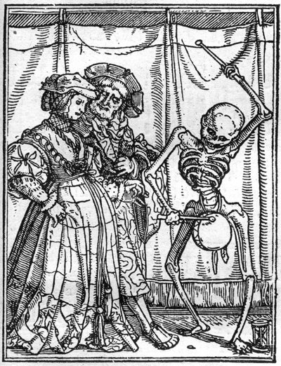 Les simulacres de la mort de Hans Holbein le Jeune (1497-1543) : les époux. La mort joue du tambour devant un couple. Gravure - Hans (after) Holbein the Younger