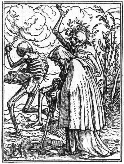 Les simulacres de la mort de Hans Holbein le Jeune (1497-1543) : la vieille. La mort accompagne une vieille dame à son destin. Gravure - Hans (after) Holbein the Younger