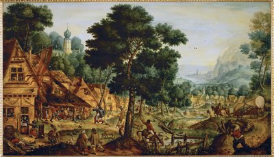 La vie dans un village flamand ... (peinture sur bois) - Hans (circle of) Bol