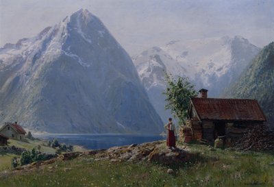 Fille dans un paysage de fjord - Hans Andreas Dahl
