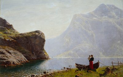 Femme et enfant au bord du fjord - Hans Andreas Dahl