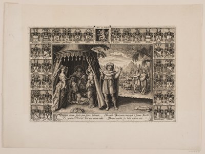 Page de titre pour sermon funèbre représentant Rachel mourant en donnant naissance à Benjamin. Entouré de blasons - Hans Andreas Greys