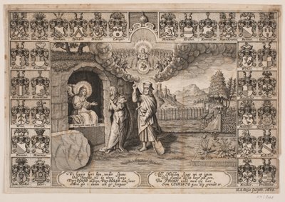 Page de titre pour sermon funèbre sur Ida Langs avec représentation du Christ comme jardinier et Marie Madeleine - Hans Andreas Greys