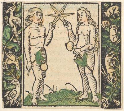 Adam et Ève tenant une étoile, illustration de Beschlossen Gart des Rosenkranz Mariae - Hans Baldung