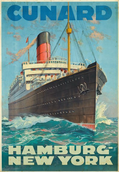 Affiche publicitaire pour les voyages entre Hambourg et New York avec la compagnie maritime Cunard - Hans Bohrdt