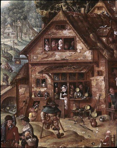 Vue du village avec des scènes burlesques (détail) - Hans Bol