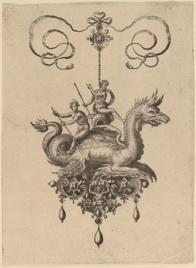 Conception pour un pendentif avec un monstre marin portant Neptune sur une urne flanquée d