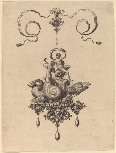 Conception pour un pendentif avec un monstre marin dans une coquille portant un triton et une femme avec une voile - Hans Collaert the Elder