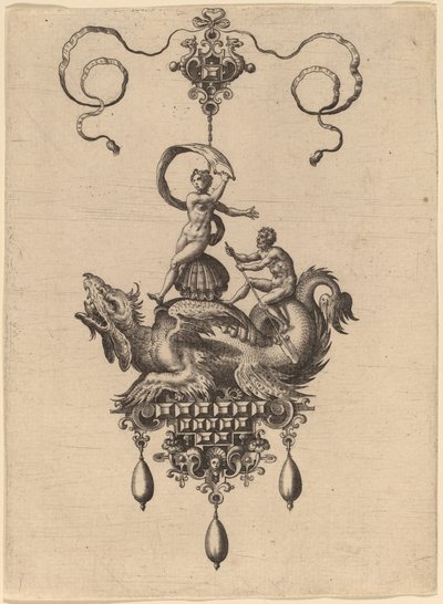 Conception pour un pendentif avec un monstre marin ailé portant Vénus Anadyomène sur une coquille et un homme avec une rame - Hans Collaert the Elder