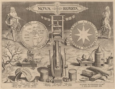 Page de titre pour Nova Reperta (Nouvelles découvertes) - Hans Collaert the Younger after Jan van der Straet