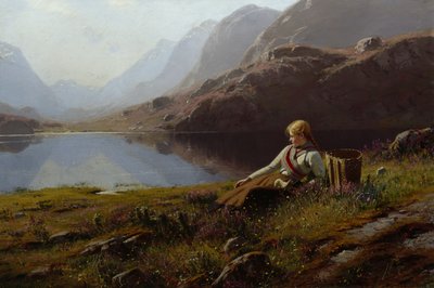 Fille tricotant près du lac de montagne - Hans Dahl