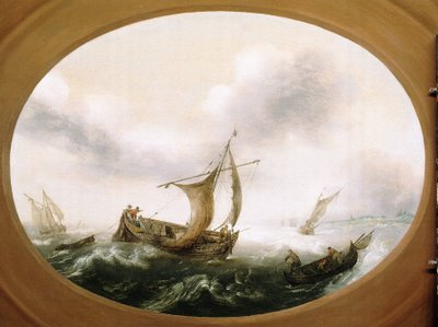 Bateaux de pêche néerlandais pris dans une grande brise, un plus petit bateau, voiles baissées, à droite, avec des pêcheurs tirant les filets - Hans Goderis
