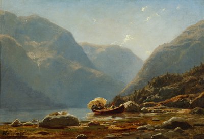 Paysage de fjord avec des gens en bateau à rames - Hans Gude