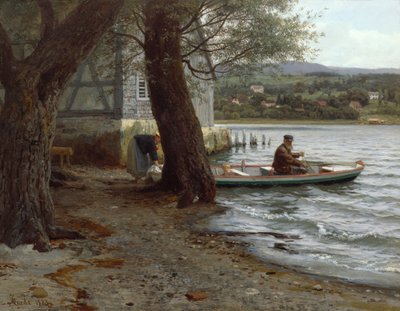 Personnes dans un bateau à rames sur la plage - Hans Gude