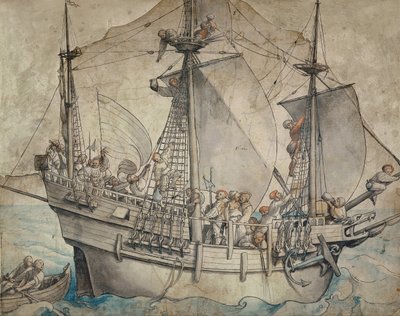 Navire avec marins festifs, lansquenets et une vivandière - Hans Holbein der Jüngere