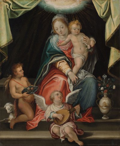 Madone trônant (huile sur cuivre) - Hans I or Johann Rottenhammer