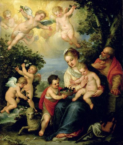 La Sainte Famille avec Saint Jean-Baptiste et des anges dispensant des fleurs - Hans I or Johann Rottenhammer
