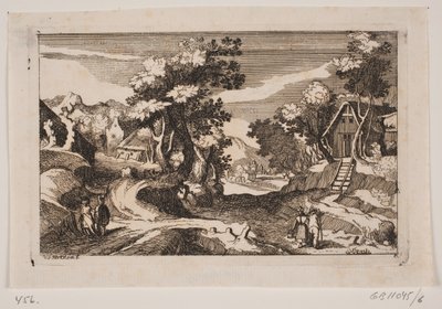 Paysage vallonné avec maisons de paysans. Au premier plan, une laitière et un paysan avec une fourche - Hans Jørgen Kirksteen