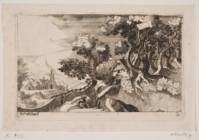 Paysage avec une cabane entre des arbres à droite - Hans Jørgen Kirksteen