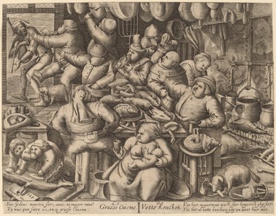 La cuisine grasse - Hans Liefrinck I, after Pieter van der Heyden, after Pieter Bruegel the Elder
