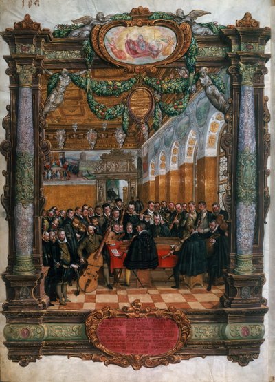 Orlando di Lasso (1532-1594), en bas à gauche, en concert pour le duc Albrecht V de Bavière à la cour de Munich - Hans Mielich or Muelich