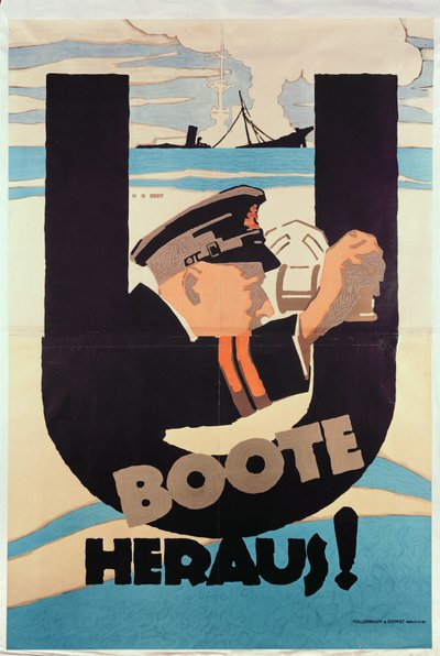 Affiche allemande de la Première Guerre mondiale, U BOOTE HERAUS (U BOATS AWAY) - Hans Rudi Erdt