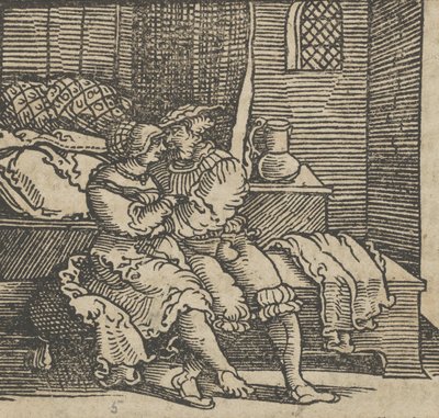 Spinneloccio enfermé dans un coffre, sur lequel sa femme et Zeppa sont assis - Hans Schäufelein the Elder