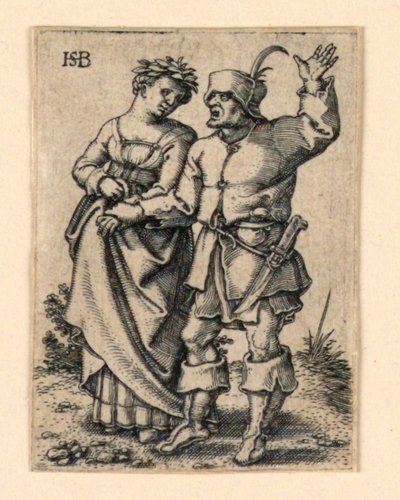 Le cortège de mariage : Couple marchant à gauche, femme portant une couronne - Hans Sebald Beham