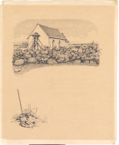 Illustration pour St. St. Blicher : "Mowns". Avant-plan : église derrière un mur de pierre ; avant-plan : cimetière (?) avec une pelle - Hans Smidth