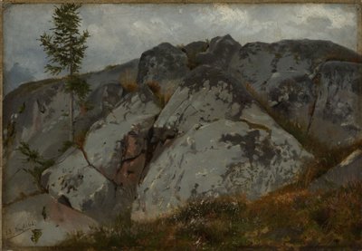 Blocs rocheux parsemés de petits sapins - Hans Thoma