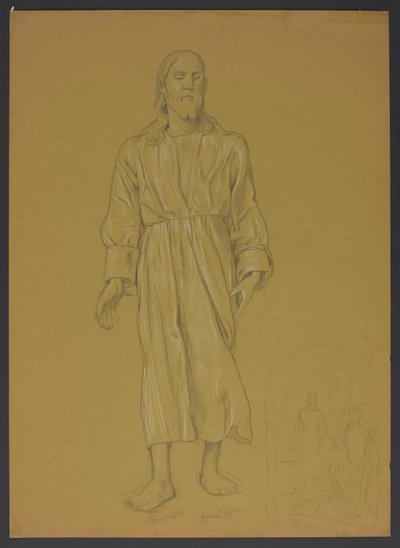 Étude de la figure du Christ, avec une esquisse en bas à droite pour le tableau « Baptême du Christ » - Hans Thoma