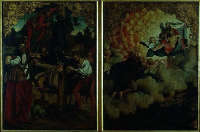 Histoires de S.S Pierre et Paul retable : détail montrant de gauche à droite Crucifixion de Saint Pierre, Saint Paul montant au ciel (détail) - Hans von Klumbach