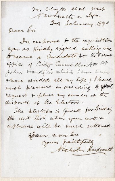 Lettre de Nicholas Hardcastle acceptant l