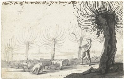 Berger avec bâton, debout à côté de moutons et de saules - Harmen ter Borch