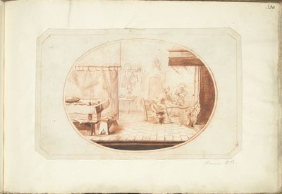 Intérieur de cuisine avec deux femmes et un chat, en ovale - Harmen ter Borch