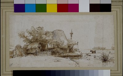 Paysage avec une ferme au bord d
