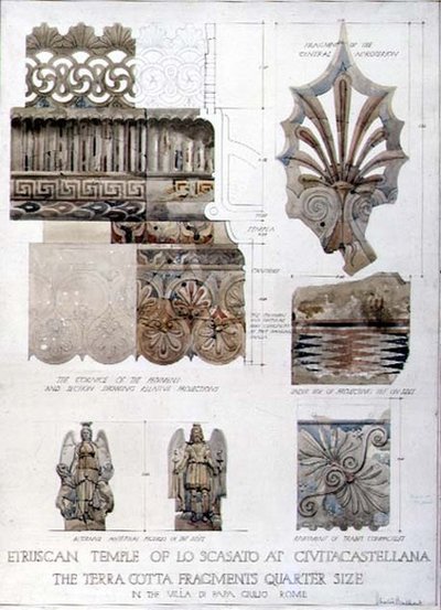 Études de fragments du temple étrusque de Lo Scasato à Civitacastellana et de la Villa di Papa Giulio à Rome, c.1910 - Harold Chalton Bradshaw