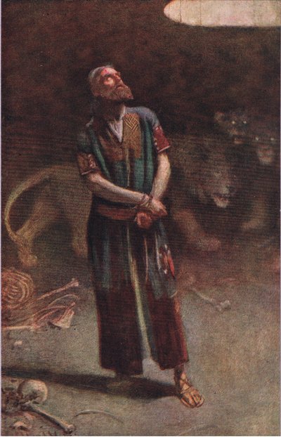 Daniel dans la fosse aux lions, illustration de Pictures That Teach The Crown Series, 1920 - Harold Copping