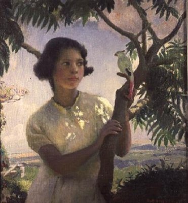 Fille avec un Perroquet Jouet - Harold Harvey